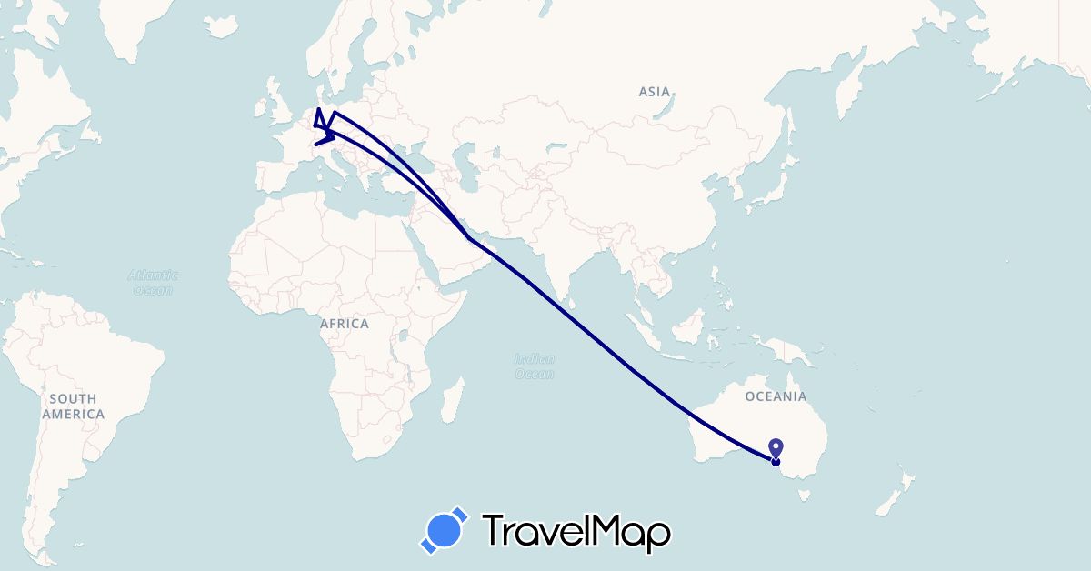 TravelMap itinerary: driving in Austria, Australia, Switzerland, Germany, Qatar (Asia, Europe, Oceania)
